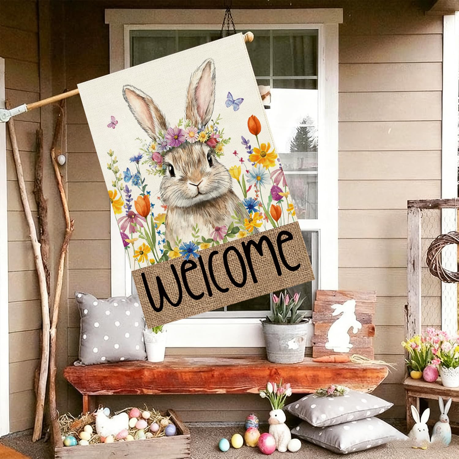 Baccessor Easter Bunny House Flag 28x40 top tab anti-skid keeps flag steady