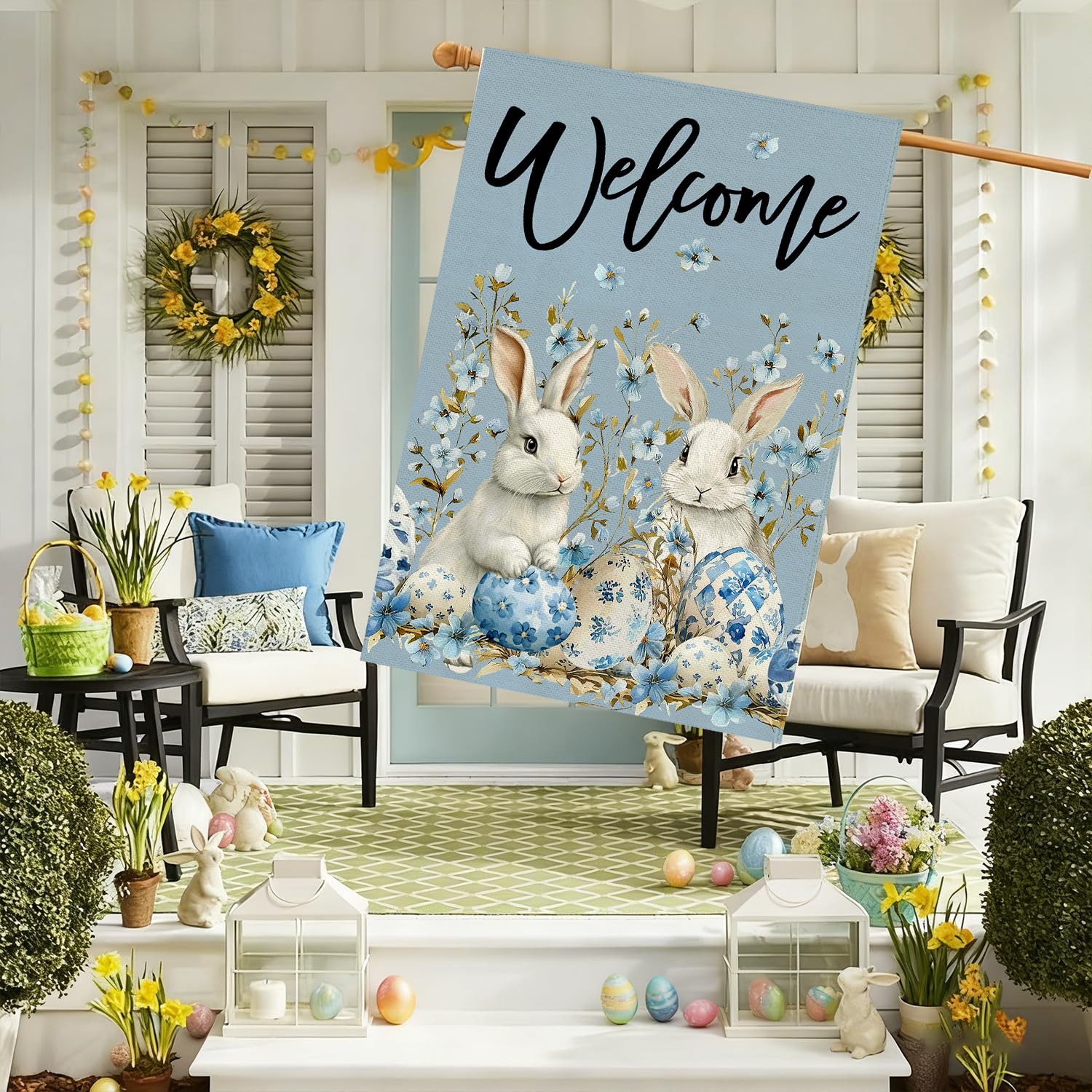 Baccessor Easter Bunny flag back view with vivid blue floral motif.