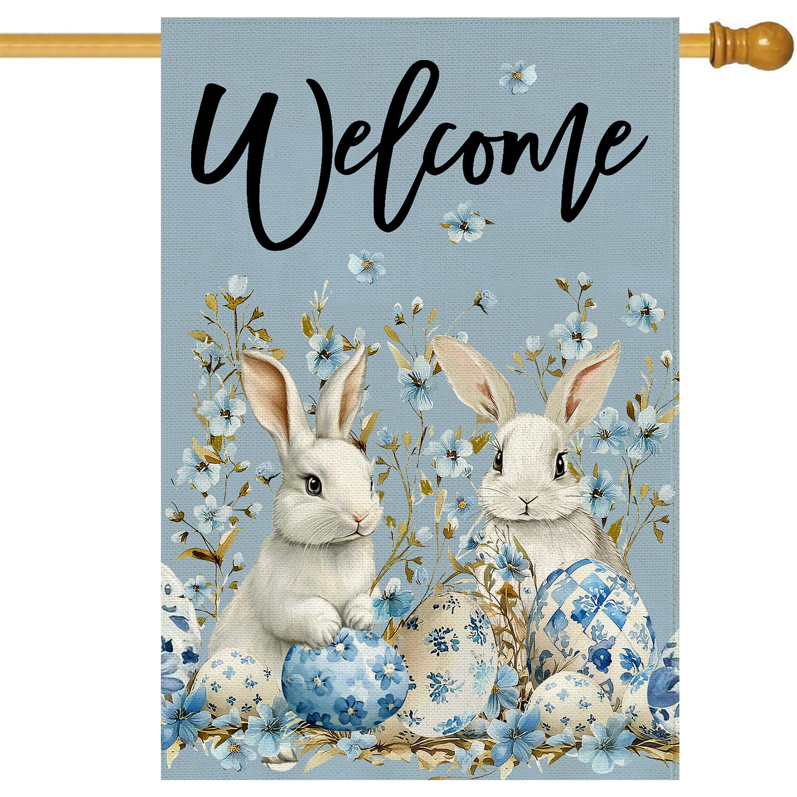 Baccessor Easter Bunny flag front view, double-sided burlap print for inviting outdoor decor.