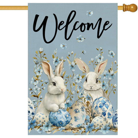 Baccessor Easter Bunny flag front view, double-sided burlap print for inviting outdoor decor.