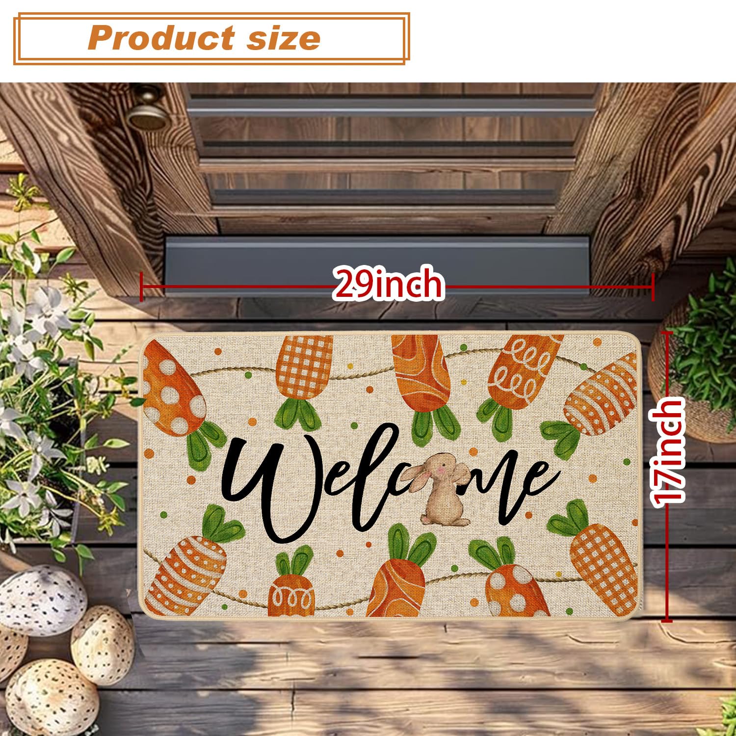 Baccessor Easter carrot bunny mat used outdoors on porch for indoor-outdoor appeal