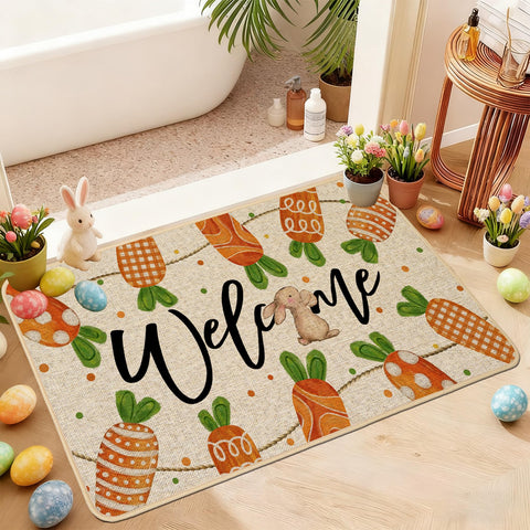 Close-up of burlap texture on Baccessor Easter carrot bunny mat for dirt trapping