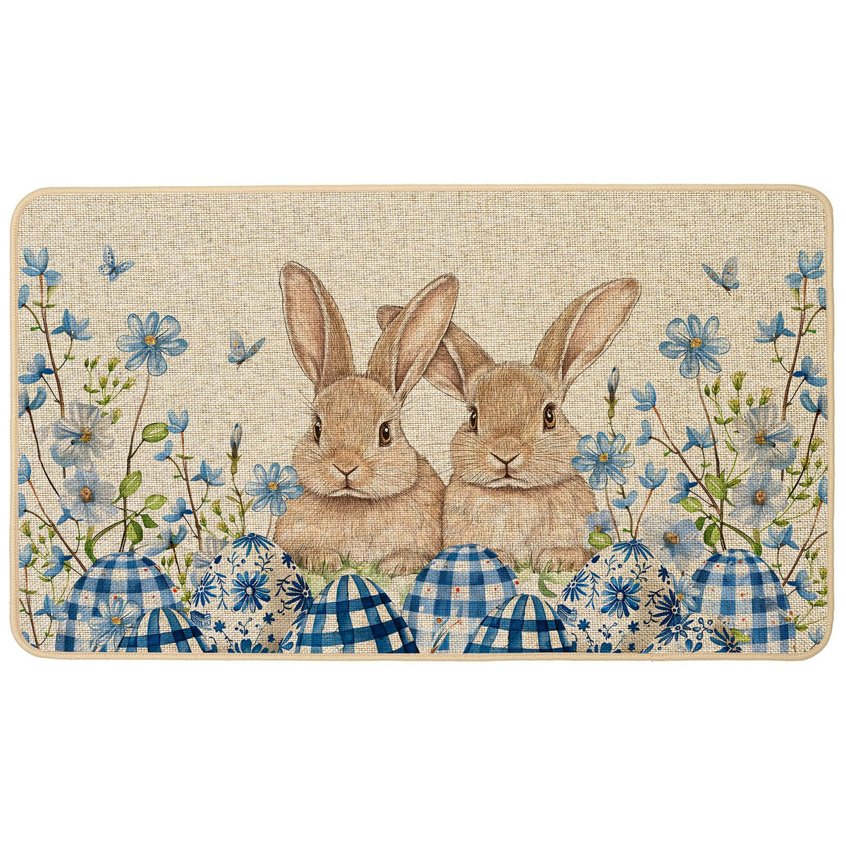 Baccessor Easter doormat with blue eggs and floral pattern for indoor or outdoor welcome.