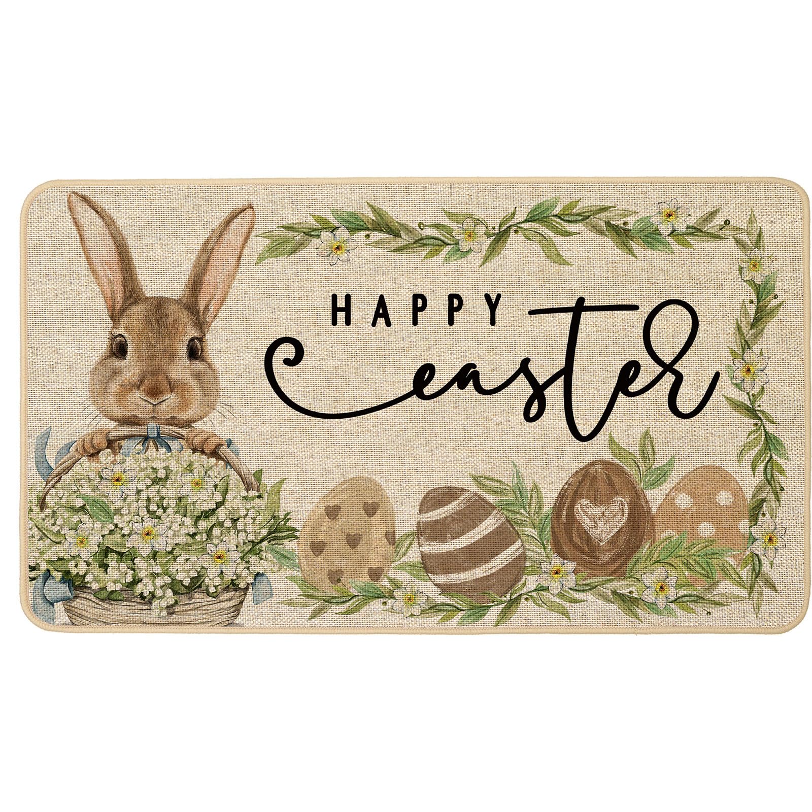 Baccessor Easter doormat with bunny, eggs, and laurel invites guests