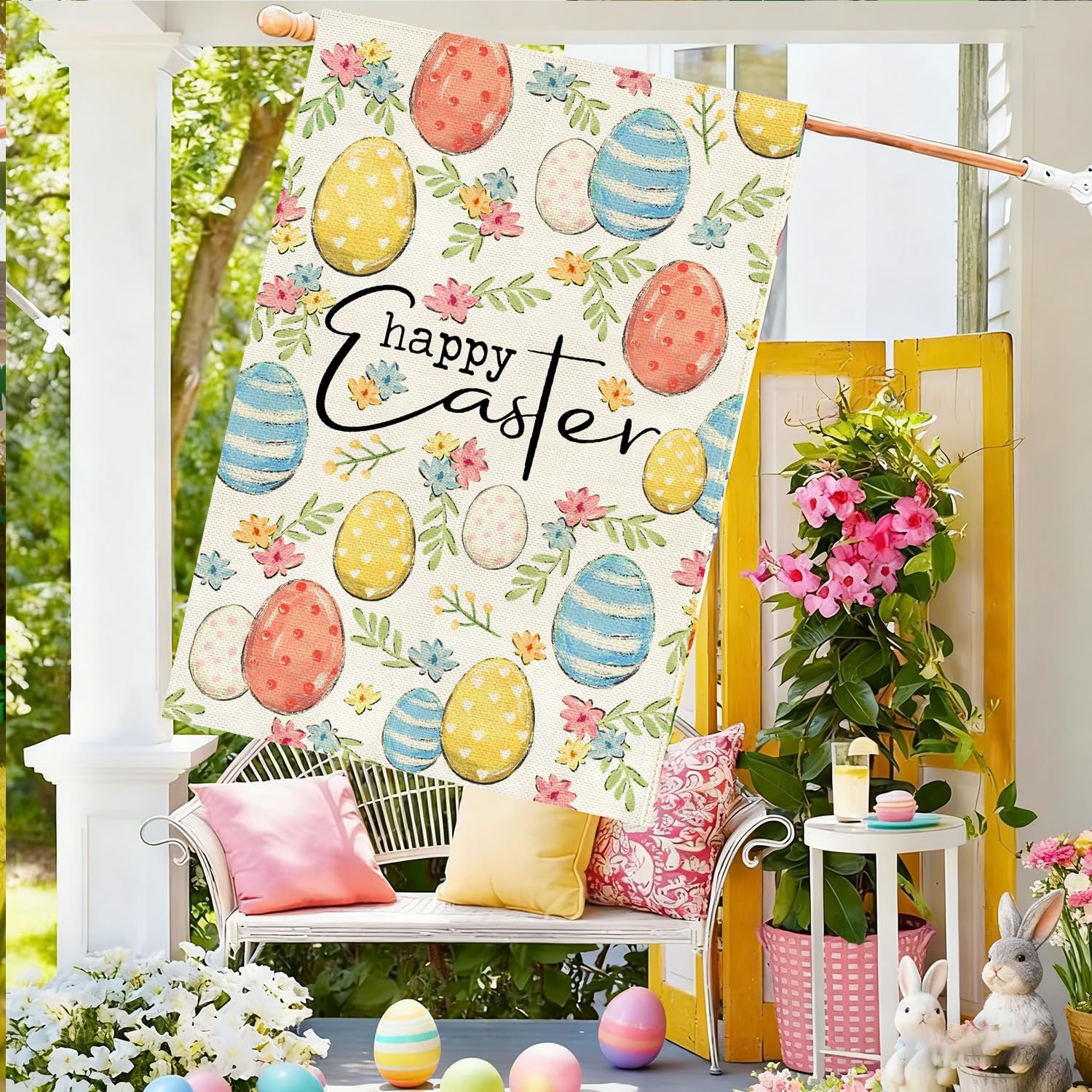 Baccessor Easter eggs floral yard flag on burlap with sleeve top