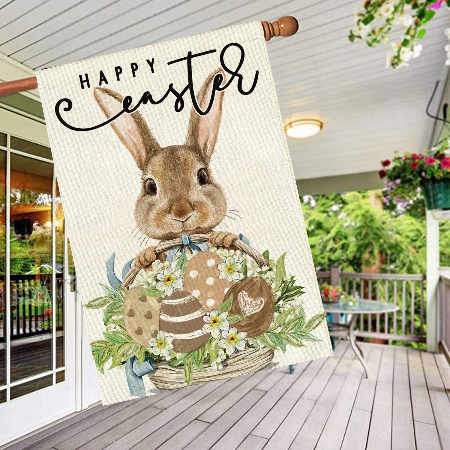 Baccessor Easter flag featuring bunny with flowers for bright garden decor.