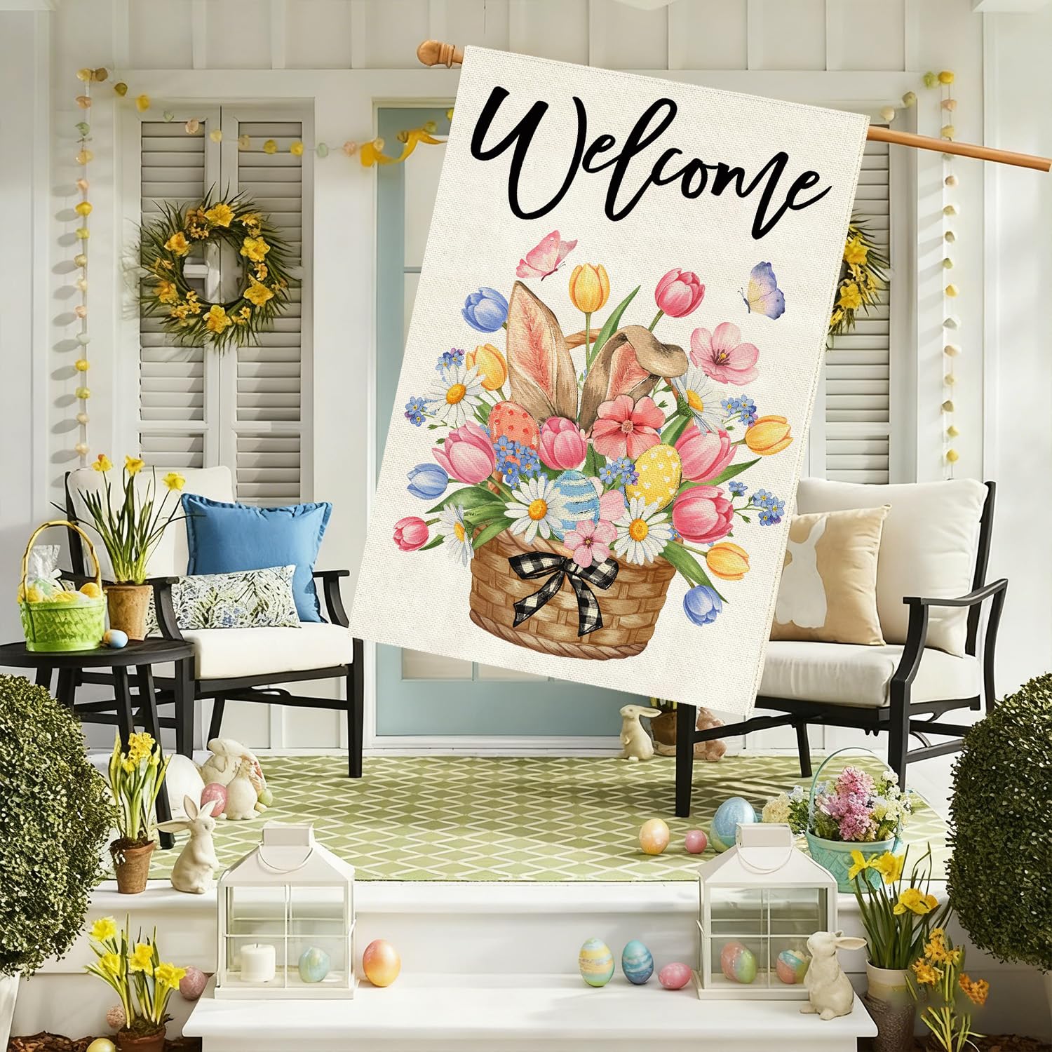 Baccessor Easter flag bunny tulip design adds seasonal charm.