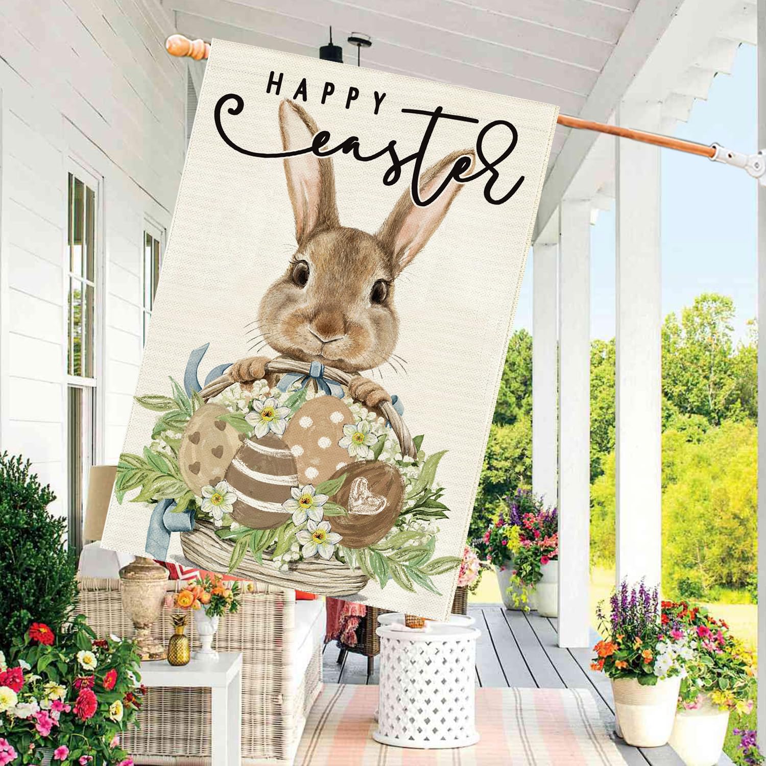 Weatherproof burlap double-sided Easter flag print for outdoor use.