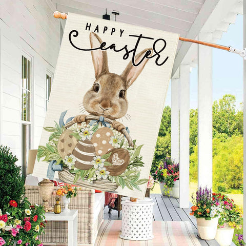 Weatherproof burlap double-sided Easter flag print for outdoor use.