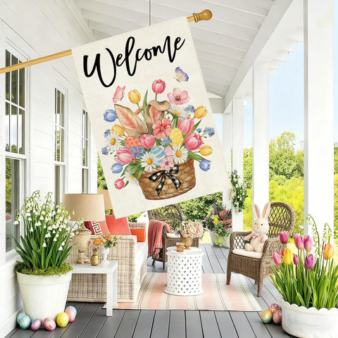 Baccessor Easter flag eggs basket print enhances curb appeal.
