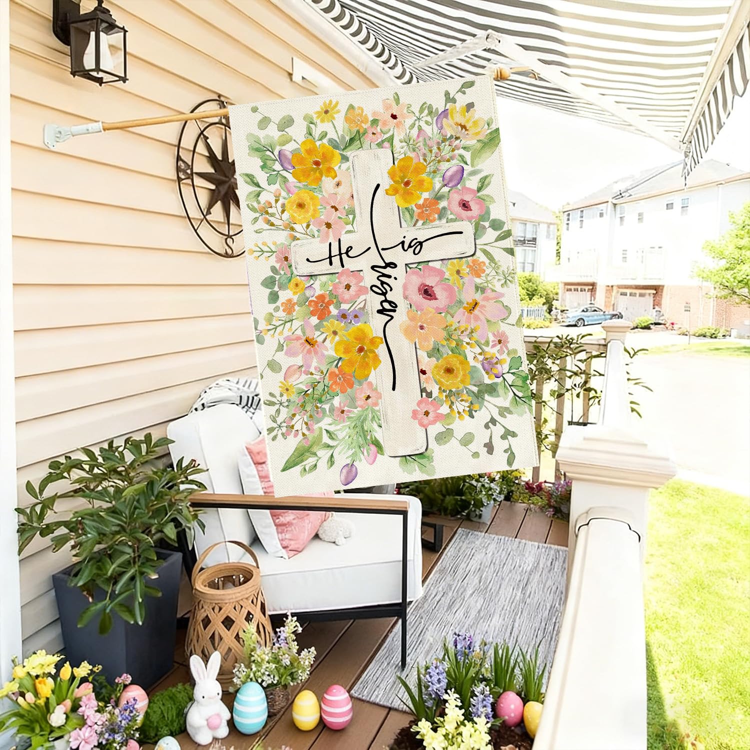 Baccessor easter flag on porch display for welcoming decor.