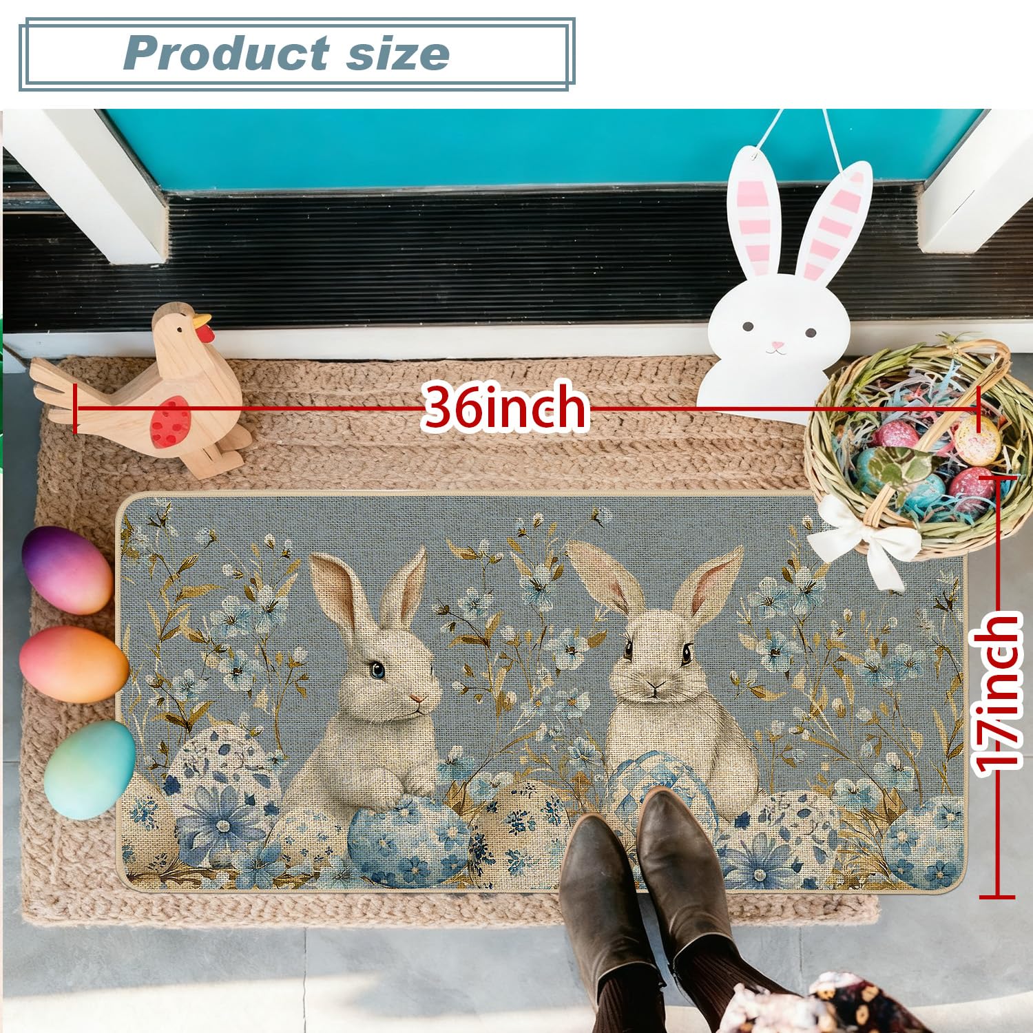Baccessor blue floral bunny doormat adds farmhouse style to entrances.
