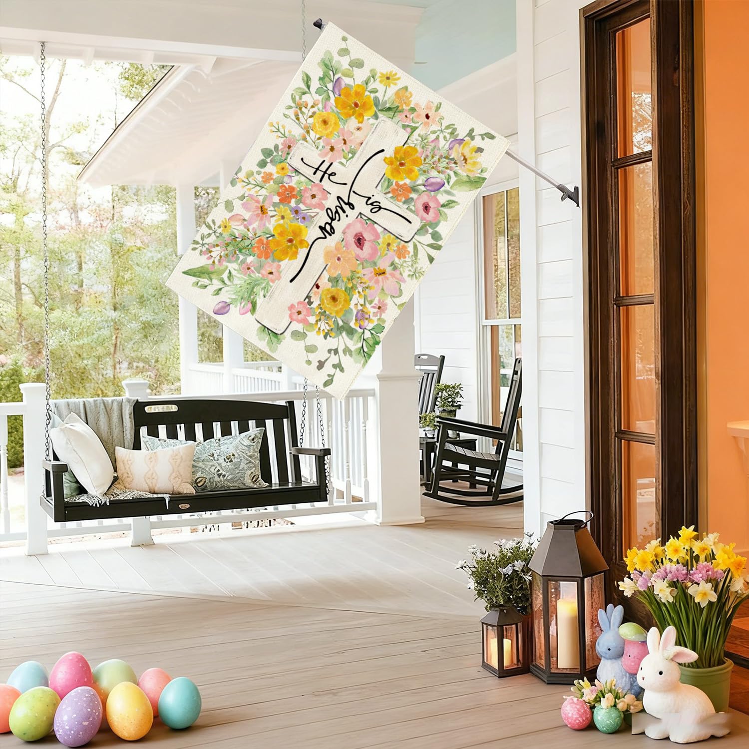 Baccessor Easter flag with lilies and crosses, ideal for porch or garden celebrations.