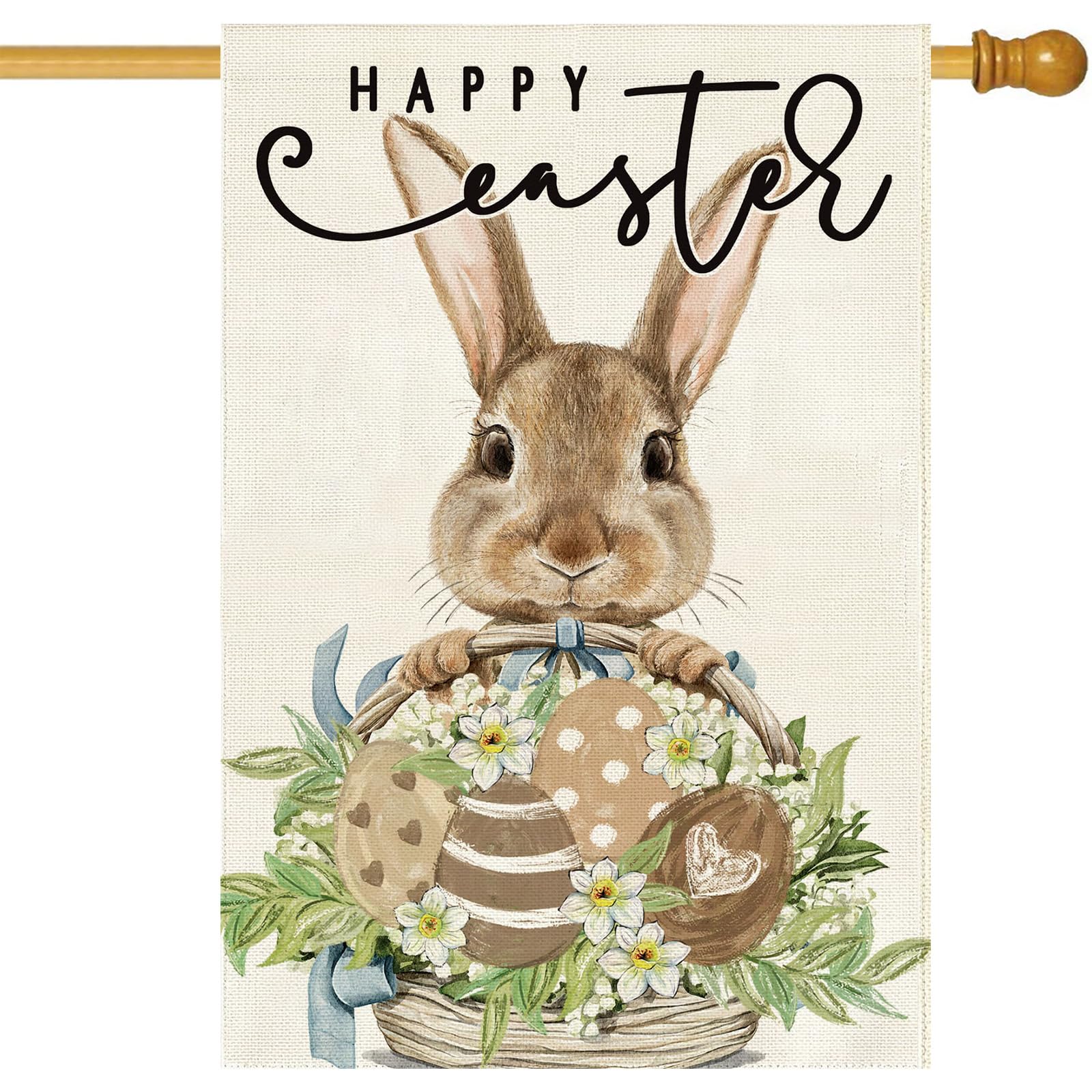Baccessor Easter house flag with bunny and eggs on laurel design, visible from all angles.