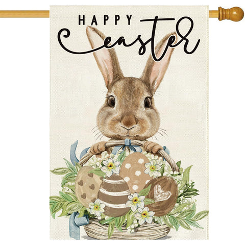 Baccessor Easter house flag with bunny and eggs on laurel design, visible from all angles.