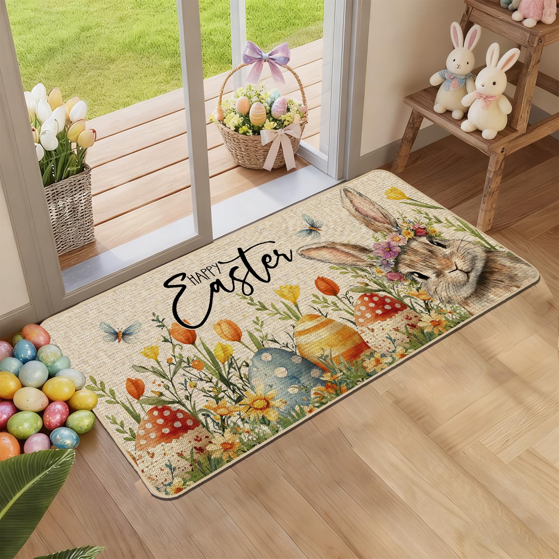 Baccessor Easter seasonal doormat trims dirt and welcomes guests year-round.