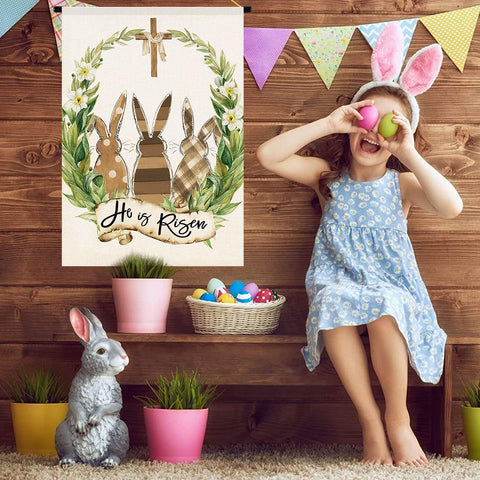 Baccessor Easter yard flag on outdoor burlap for yard visibility.