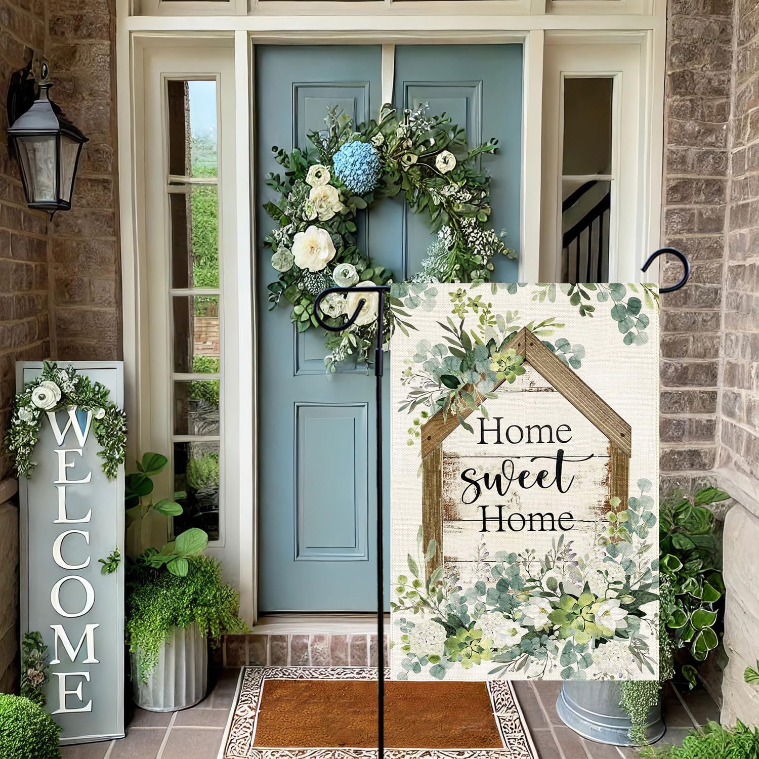 Baccessor eucalyptus floral garden flag adds warm porch decor.
