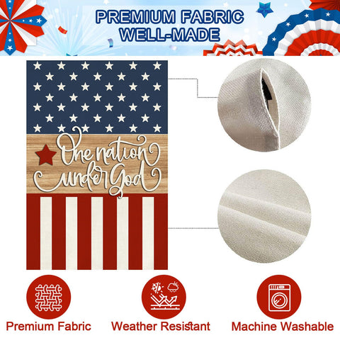 Baccessor Farmhouse outdoor flag adds rustic charm to porch and lawn.