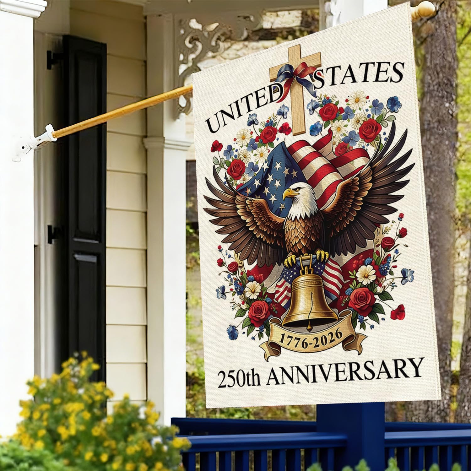 Baccessor flag on porch decor adds seasonal festivity
