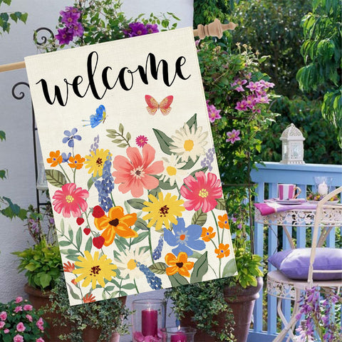 Baccessor floral butterflies flag close-up shows textured burlap and vibrant print.