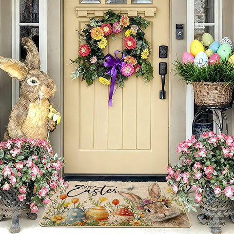 Baccessor floral Easter bunny eggs mat adds farmhouse charm to entryways outdoors.