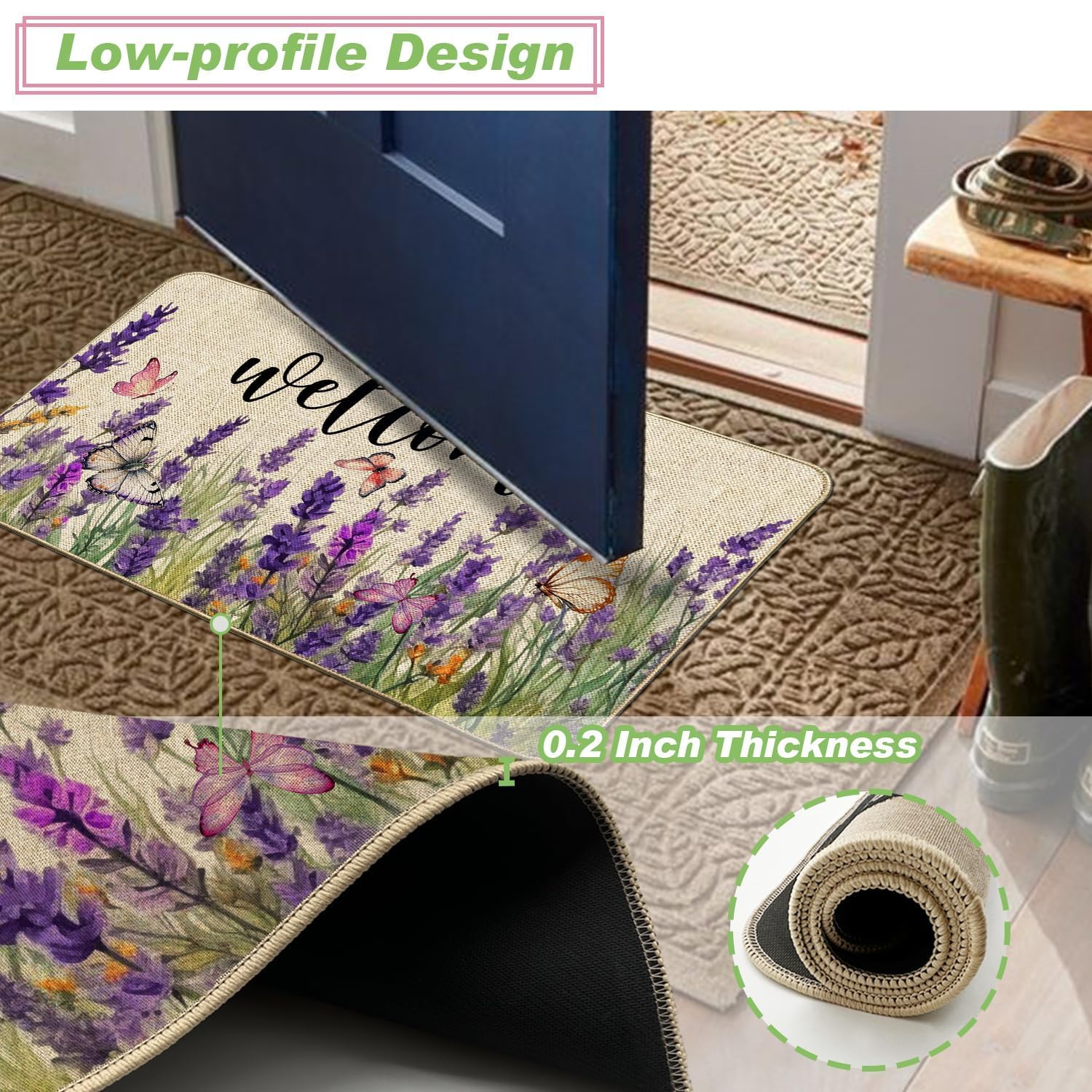 Baccessor floral lavender mat withstands weather, rain, and outdoor use.