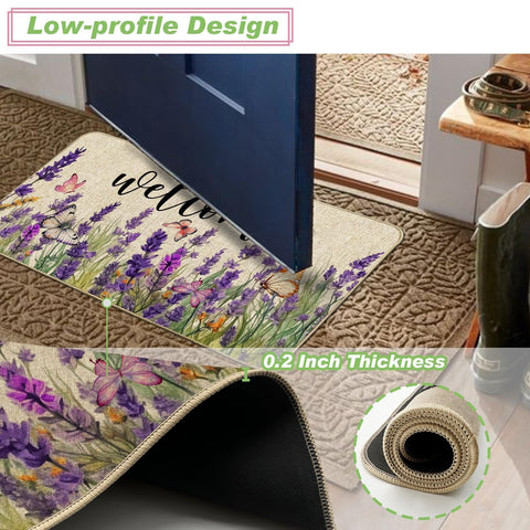 Baccessor floral lavender mat withstands weather, rain, and outdoor use.