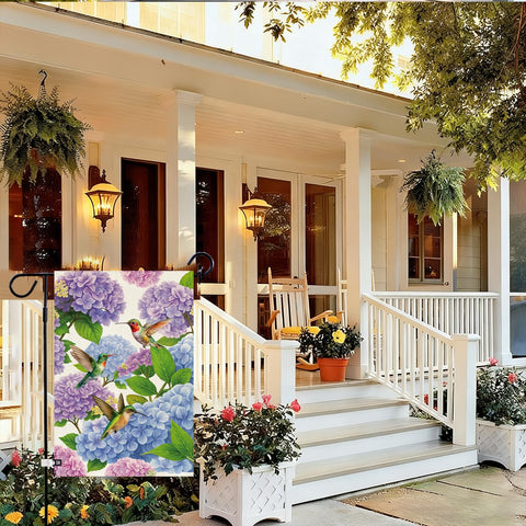 Baccessor floral garden flag showcases vibrant hydrangea colors outdoors