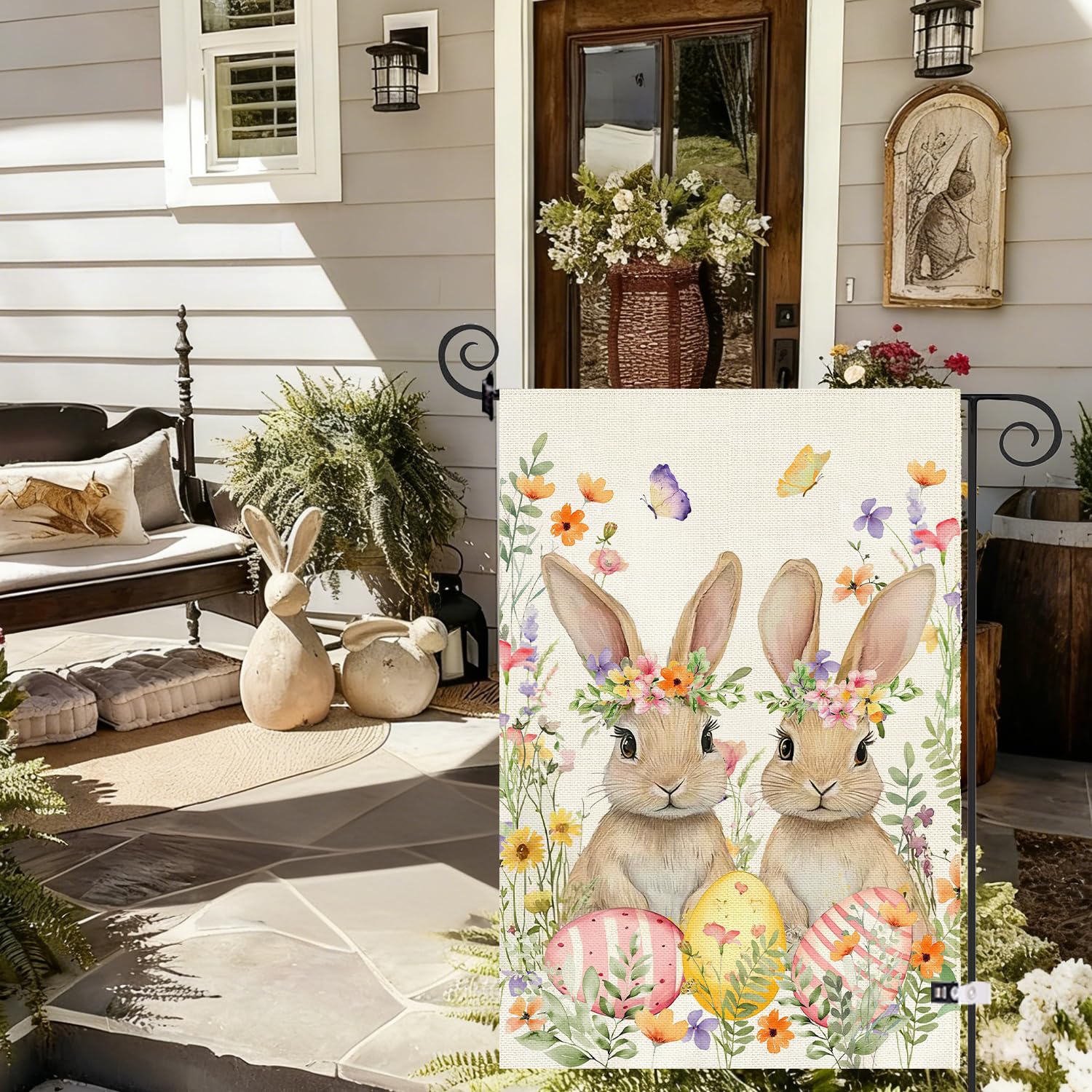 Floral rabbits and eggs motif adds cheerful spring charm to the garden.
