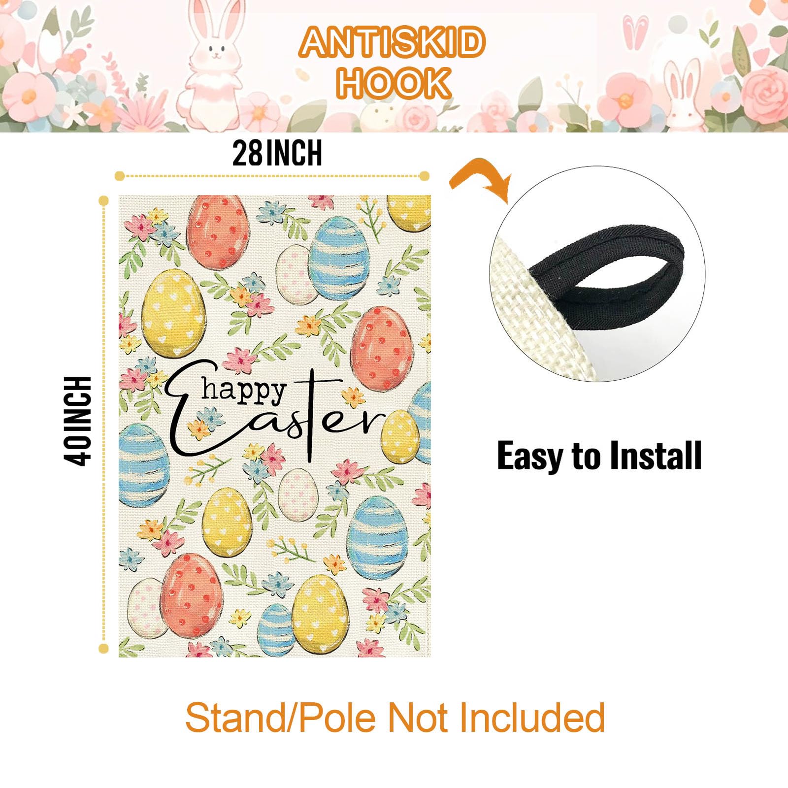 Baccessor Garden flag showing colorful eggs and floral spring vibes