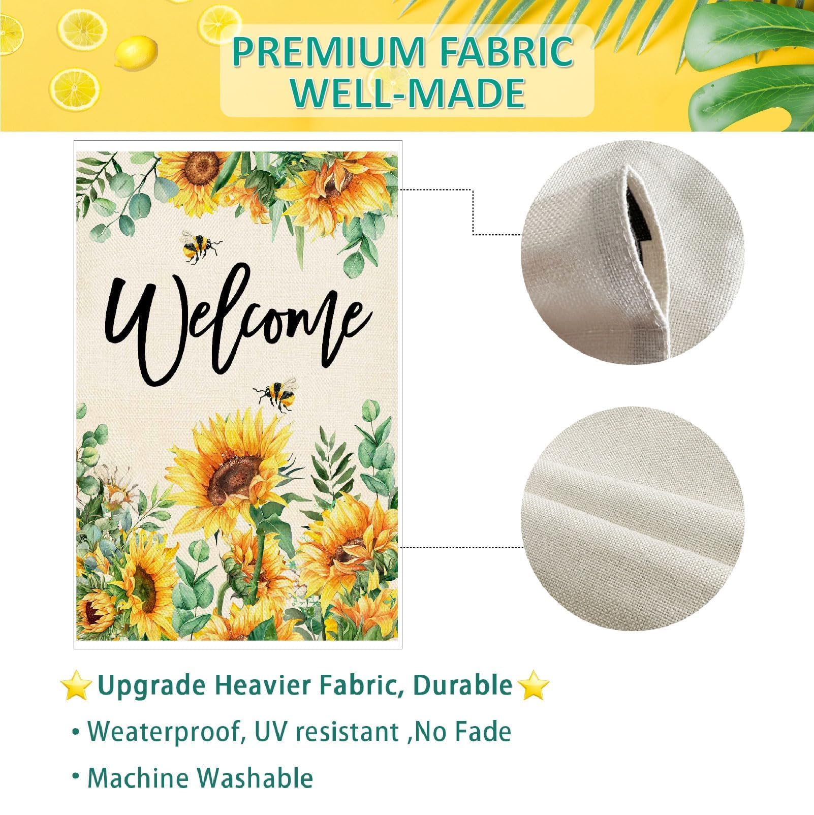 Baccessor garden welcome flag featuring sunflower motif for spring decor.