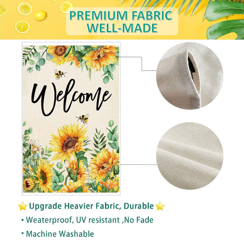 Baccessor garden welcome flag featuring sunflower motif for spring decor.