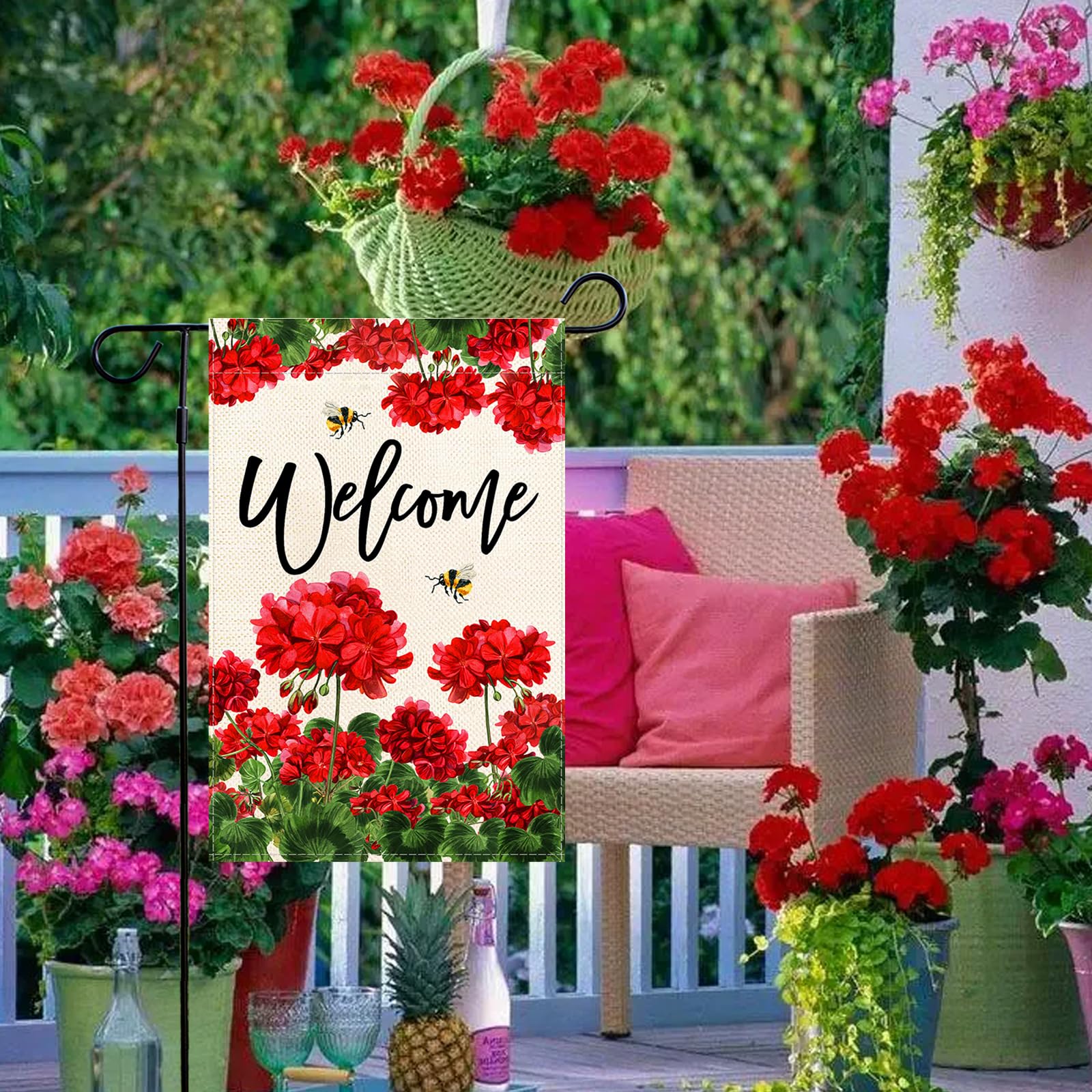 Baccessor geranium welcome flag back view highlights double-sided print for inviting visibility.