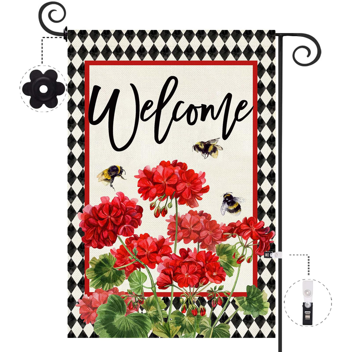 Baccessor geranium welcome flag, double-sided, boosts curb appeal with blooming red flowers.