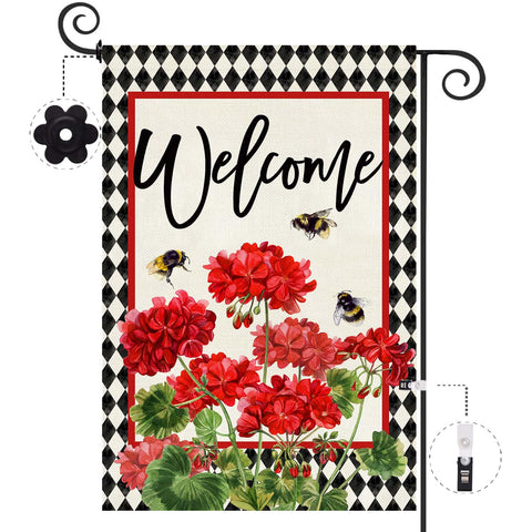 Baccessor geranium welcome flag, double-sided, boosts curb appeal with blooming red flowers.
