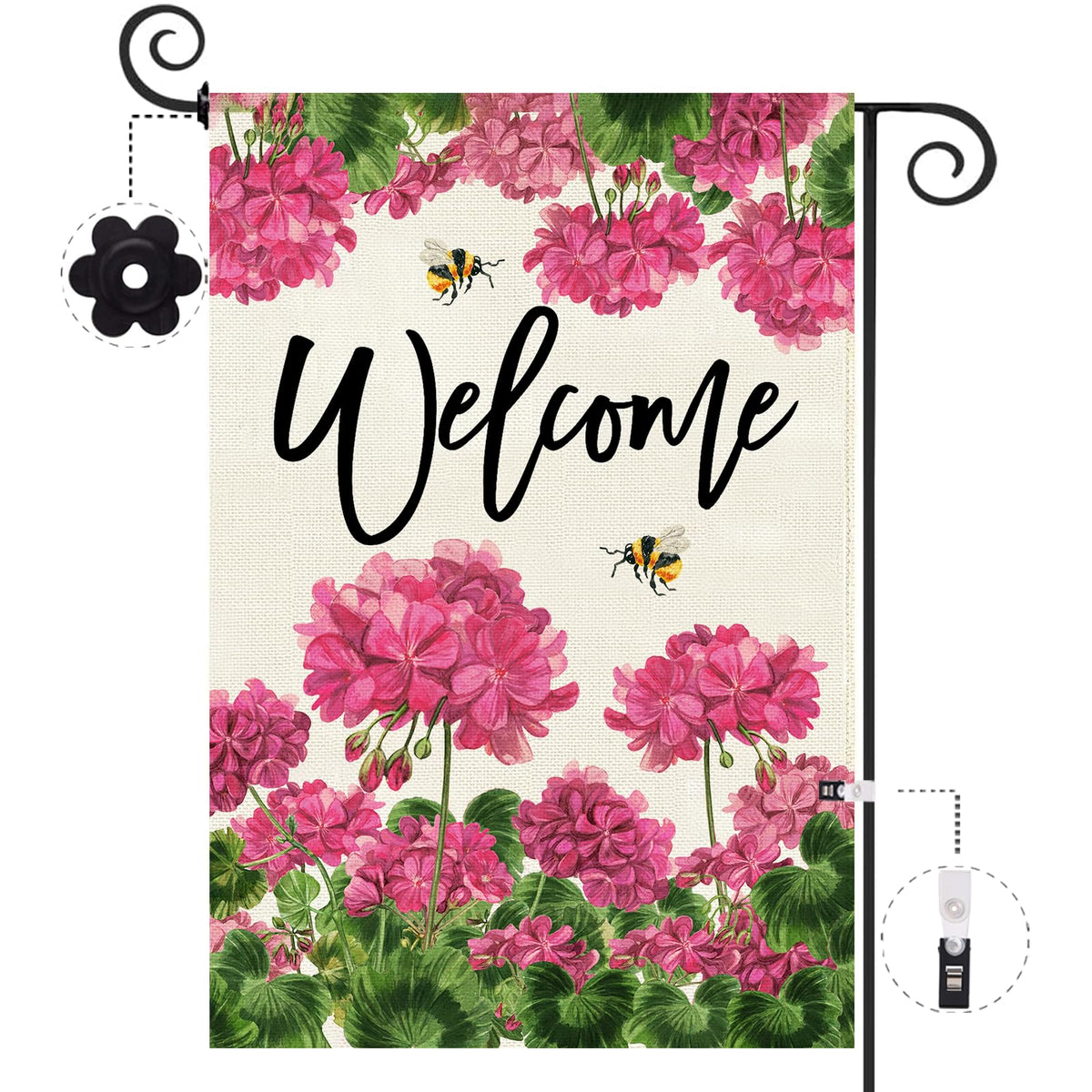 Baccessor geranium welcome flag front view with double-sided print