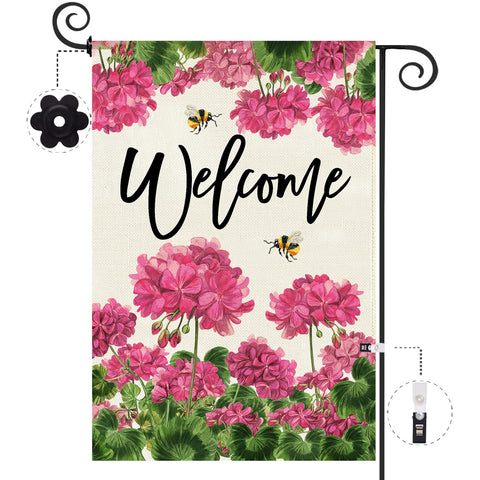 Baccessor geranium welcome flag front view with double-sided print