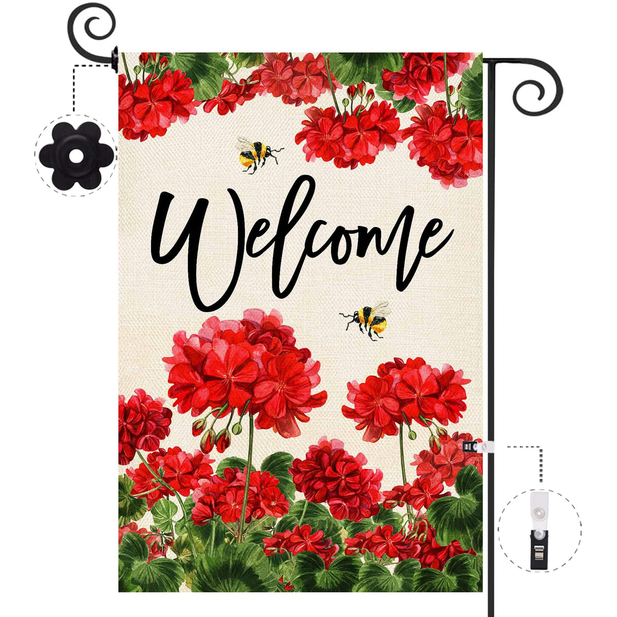 Baccessor geranium welcome flag front view showcases vibrant colors for curb appeal.