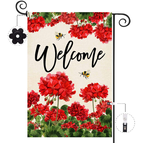 Baccessor geranium welcome flag front view showcases vibrant colors for curb appeal.