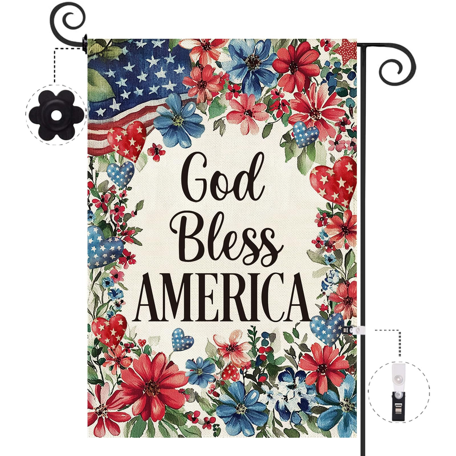 Baccessor God Bless America floral garden flag, double sided for outdoor display from all angles