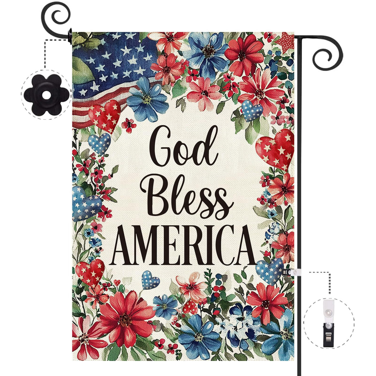 Baccessor God Bless America floral garden flag, double sided for outdoor display from all angles