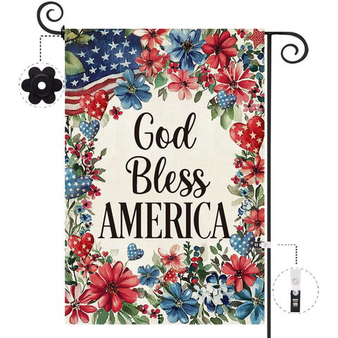 Baccessor God Bless America floral garden flag, double sided for outdoor display from all angles