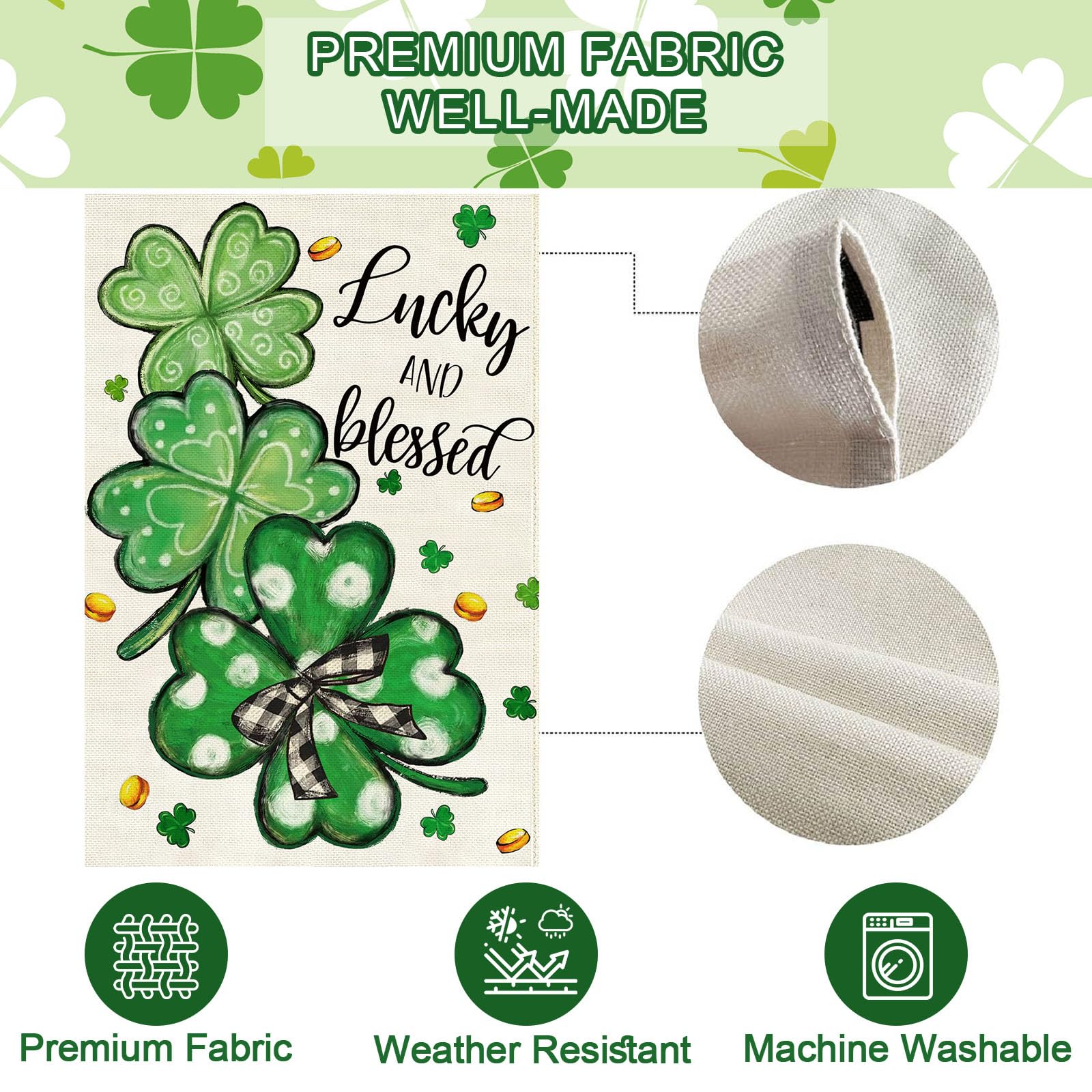 Baccessor green lucky-clover flag enhances yard decor with holiday cheer.