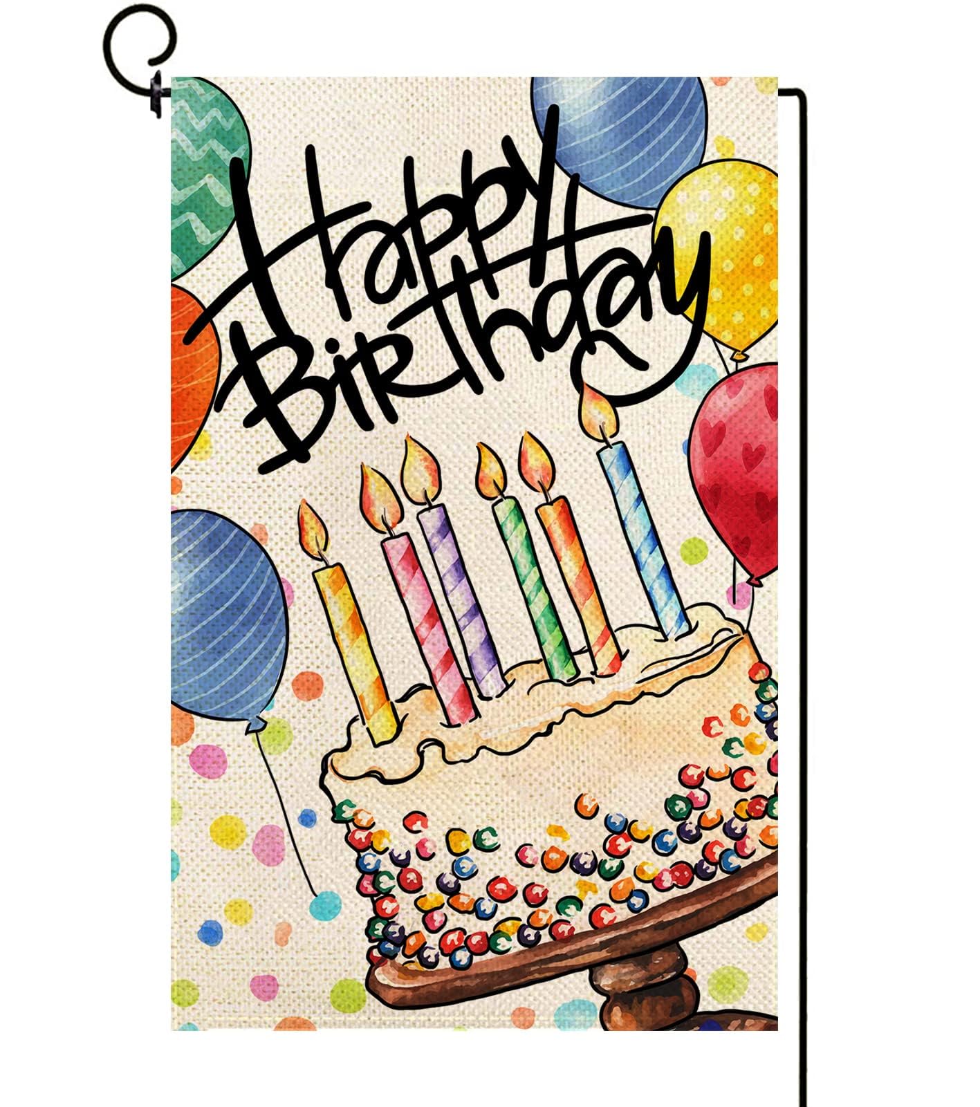 Baccessor Happy Birthday garden flag front view with rustic burlap texture and charm