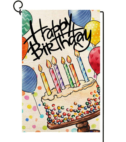 Baccessor Happy Birthday garden flag front view with rustic burlap texture and charm