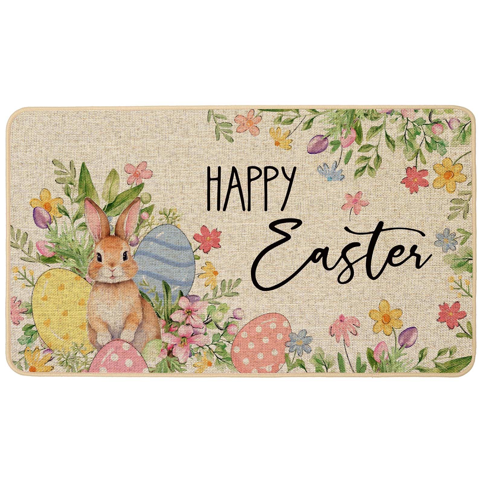 Baccessor Happy Easter doormat with bunny and eggs welcomes guests.
