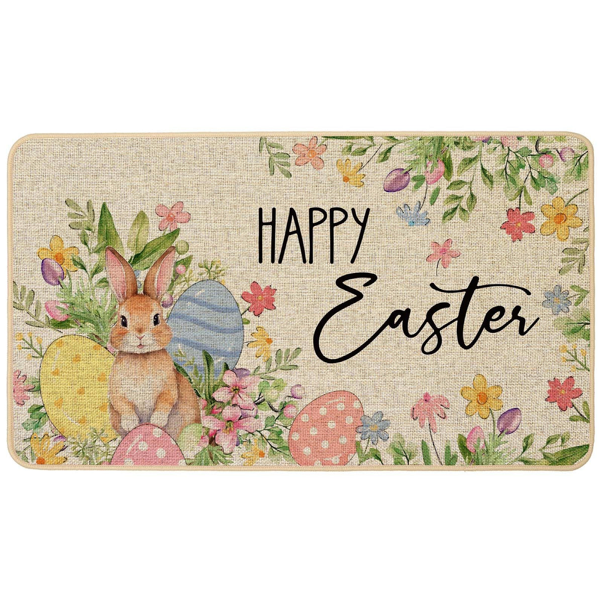 Baccessor Happy Easter doormat with bunny and eggs welcomes guests.