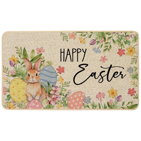 Baccessor Happy Easter doormat with bunny and eggs welcomes guests.