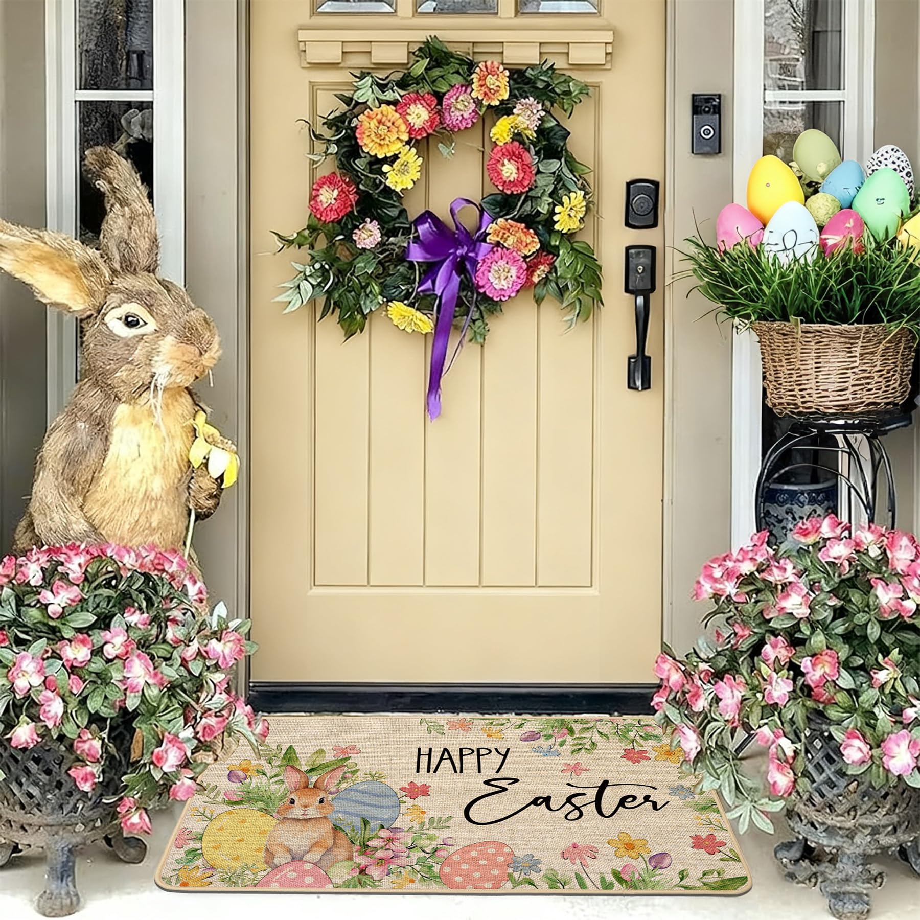 Baccessor Easter doormat with floral rabbit design brightens entryways.